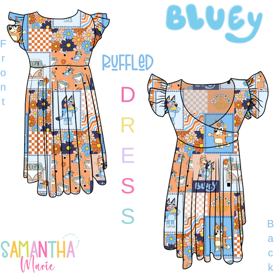 Blue Dog Ruffle Sleeve Dress