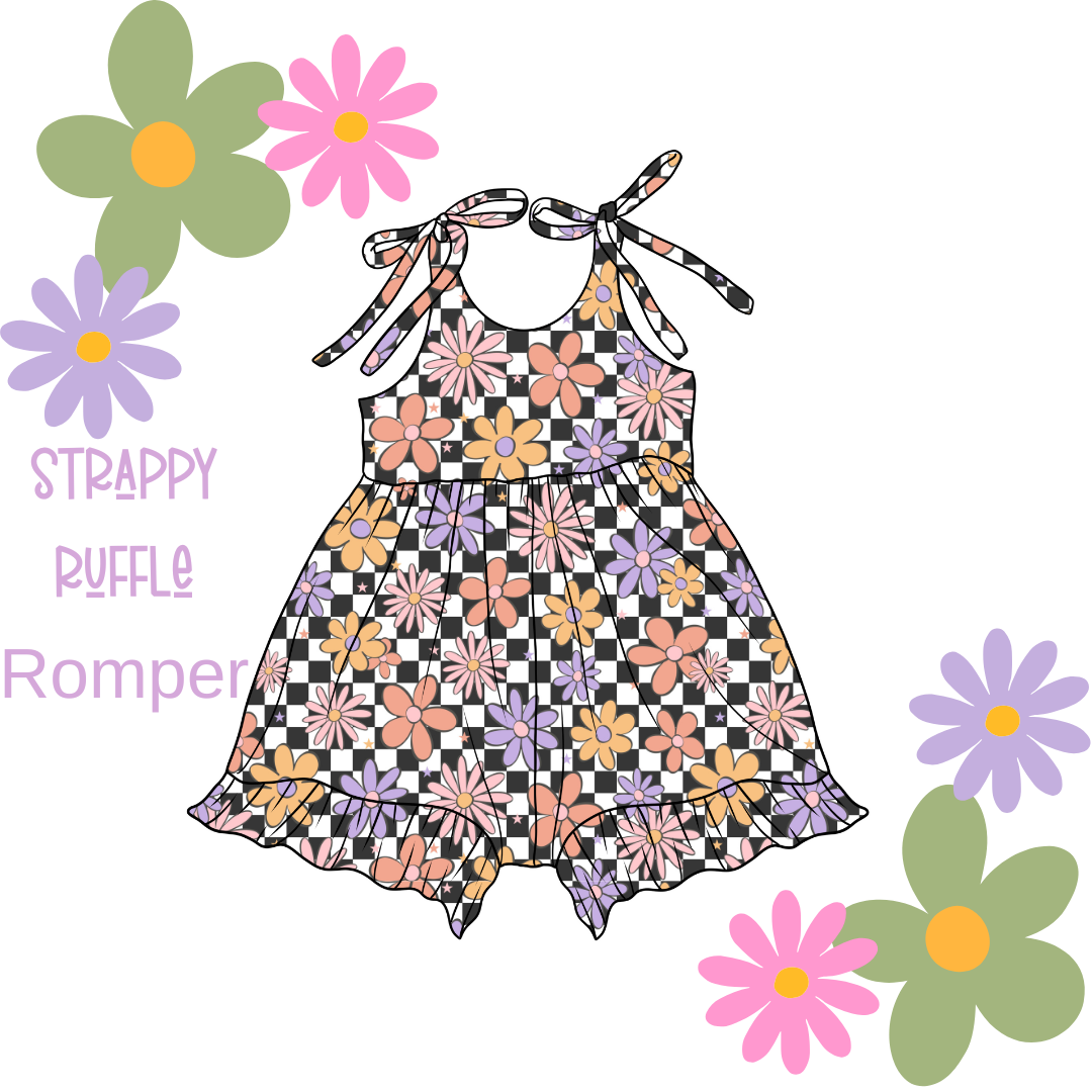 Checkered Daisies Strappy Ruffle Romper