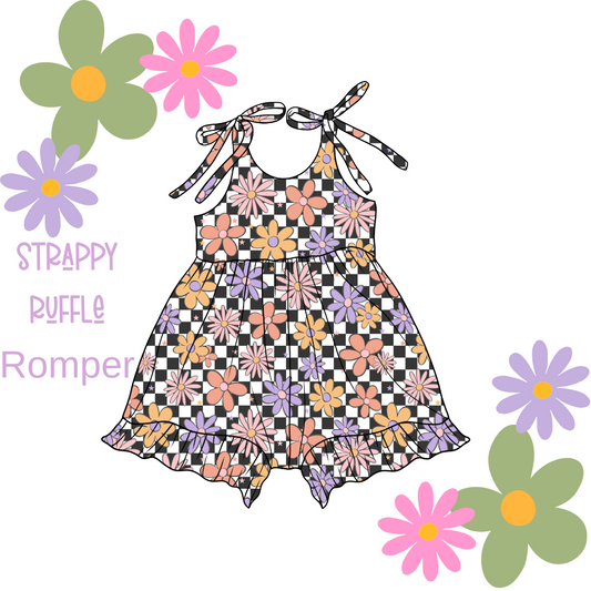 Checkered Daisies Strappy Ruffle Romper