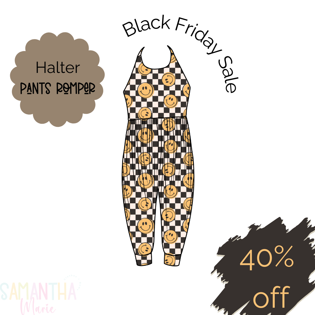 Checkered Smiley Halter Pants Romper